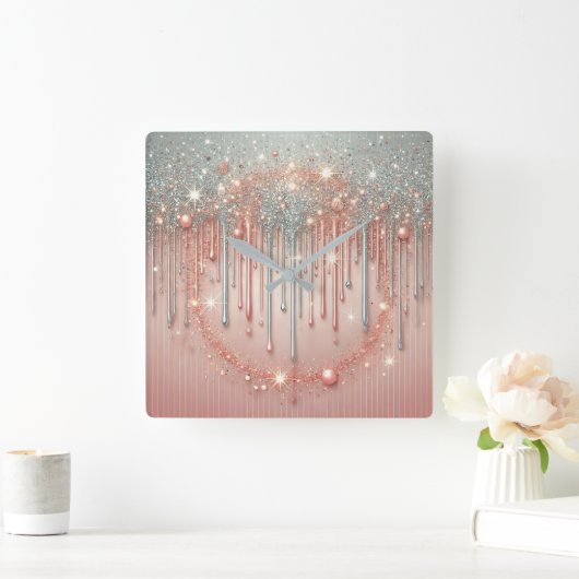 Elegante Roze Roze & Zilveren Glitter Drip Vierkante Klok (Huis)