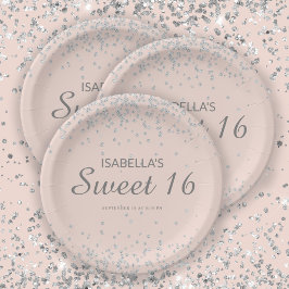 Elegante Roze Roze Zilveren Glitter Sweet 16 Naam  Papieren Bordje