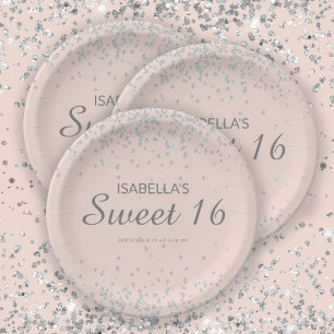 Elegante Roze Roze Zilveren Glitter Sweet 16 Naam Papieren Bordje