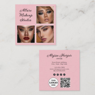 Elegante Roze Roze Zwart Script 3 Foto Make-up Vierkante Visitekaartje