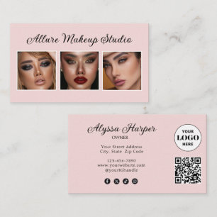 Elegante Roze Roze Zwart Script 3 Foto Make-up Visitekaartje