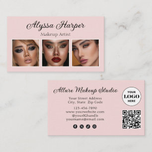 Elegante Roze Roze Zwart Script 3 Foto Make-up Visitekaartje