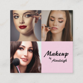 Elegante Roze Roze Zwarte Script 3 Foto Make-up Vierkante Visitekaartje