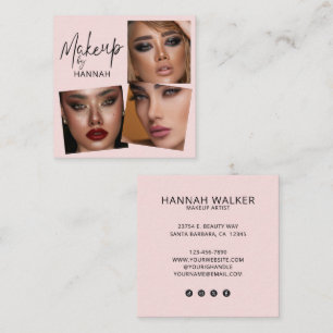 Elegante Roze Roze Zwarte Script 3 Foto Make-up Vierkante Visitekaartje