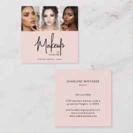 Elegante Roze Roze Zwarte Script 3 Foto Make-up Vierkante Visitekaartje