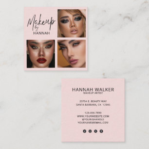 Elegante Roze Roze Zwarte Script 3 Foto Make-up Vierkante Visitekaartje