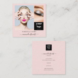 Elegante Roze Roze Zwarte Script 3 Foto Make-up Vierkante Visitekaartje