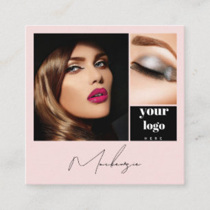 Elegante Roze Roze Zwarte Script 3 Foto Make-up Vierkante Visitekaartje