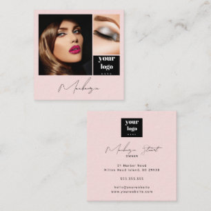 Elegante Roze Roze Zwarte Script 3 Foto Make-up Vierkante Visitekaartje