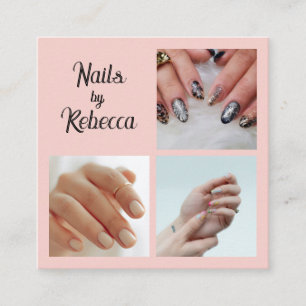 Elegante Roze Roze Zwarte Script 3 Foto Nagels Vierkante Visitekaartje