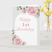 Elegante roze rozen 1e verjaardagsfeest kaart (Gele Bloem)