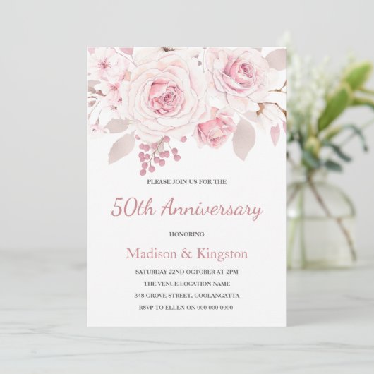 Elegante Roze Rozen 50ste Huwelijksverjaardag Kaart (Staand voorkant)