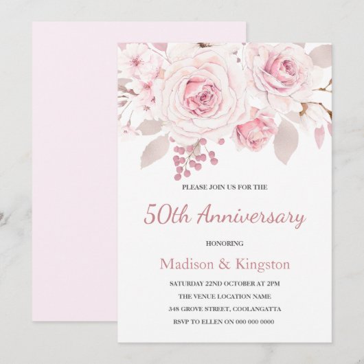 Elegante Roze Rozen 50ste Huwelijksverjaardag Kaart (Voorkant / Achterkant)