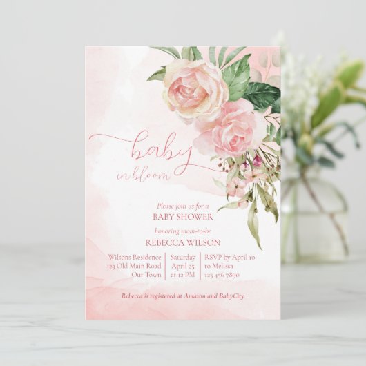 Elegante roze rozen baby in bloom baby shower kaart (Staand voorkant)