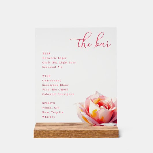 Elegante Roze Rozen Bar Menu Acryl Bord (Voorkant)