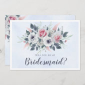 Elegante Roze Rozen Blauw Wil Je Mijn Bruidsmeisje (Voorkant / Achterkant)