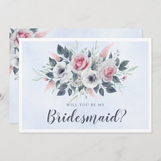 Elegante Roze Rozen Blauw Wil Je Mijn Bruidsmeisje (Voorkant / Achterkant)