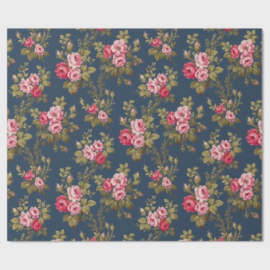 Elegante  Roze Rozen-Blauwe Achtergrond Cadeaupapier (Vlak)