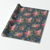 Elegante Roze Rozen-Blauwe Achtergrond Cadeaupapier (Uitgerold)