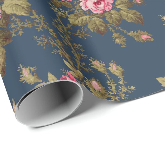 Elegante  Roze Rozen-Blauwe Achtergrond Cadeaupapier (Rol Hoek)