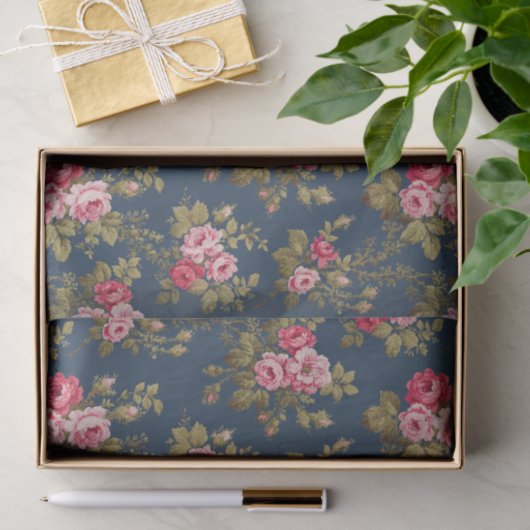 Elegante  Roze Rozen-Blauwe Achtergrond Tissuepapier (Geschenk)