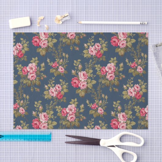 Elegante  Roze Rozen-Blauwe Achtergrond Tissuepapier (Craft)