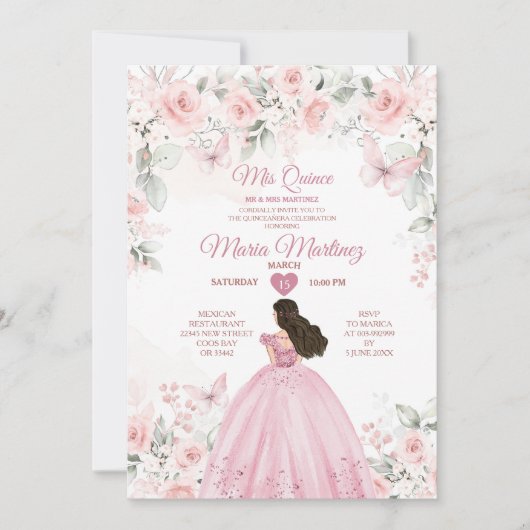 Elegante Roze Rozen Bloemen 16e Mexicaanse Quiñcea Kaart (Voorkant)