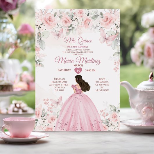 Elegante Roze Rozen Bloemen 16e Mexicaanse Quiñcea Kaart