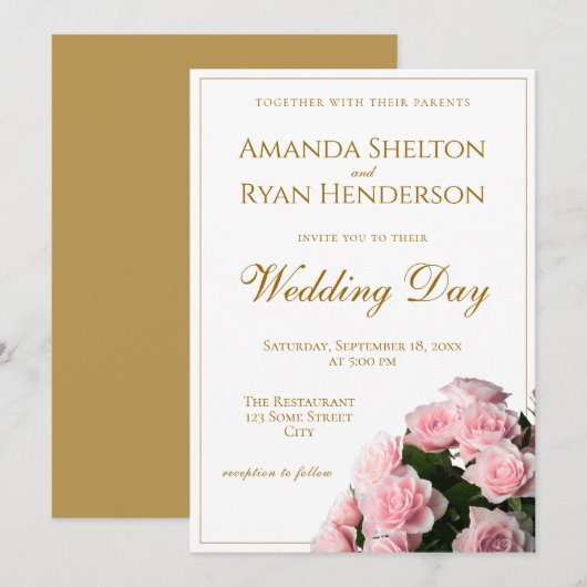 Elegante roze rozen bloemen bloemenbruiloft kaart (Voorkant / Achterkant)