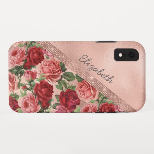 Elegante  Roze Rozen Bloemen Monogrammed Case-Mate iPhone Case (Achterkant (horizontaal))
