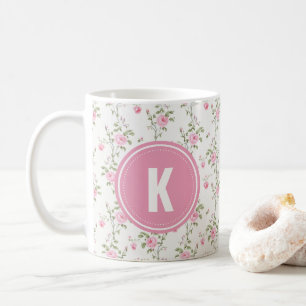 Elegante Roze Rozen Bloemen Patroon Monogram Koffiemok