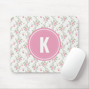 Elegante Roze Rozen Bloemen Patroon Monogram Muismat