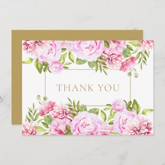 Elegante Roze Rozen Bloemig Gouden Geometrisch Bedankkaart (Voorkant / Achterkant)