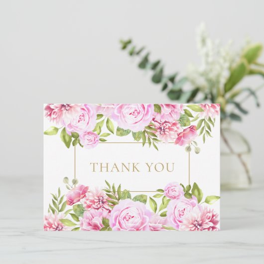 Elegante Roze Rozen Bloemig Gouden Geometrisch Bedankkaart (Staand voorkant)