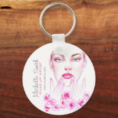 Elegante Roze Rozen Bloemige Waterverf Schoonheids Sleutelhanger (Voorkant)