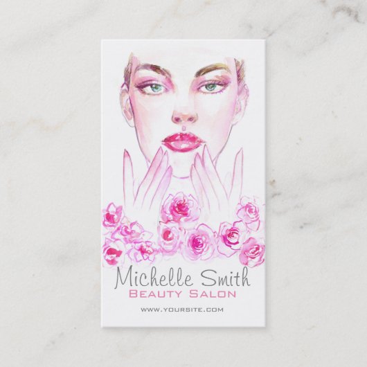 Elegante Roze Rozen Bloemige Waterverf Schoonheids Visitekaartje (Voorkant)