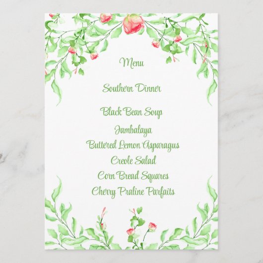 Elegante Roze Rozen Botanische Waterverf Menu Kaar (Voorkant)