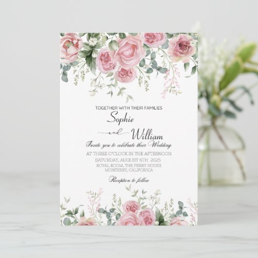 Elegante roze rozen bruiloft kaart (Staand voorkant)