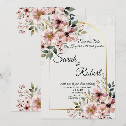 Elegante Roze Rozen Bruiloft Uitnodiging (Voorkant / Achterkant)