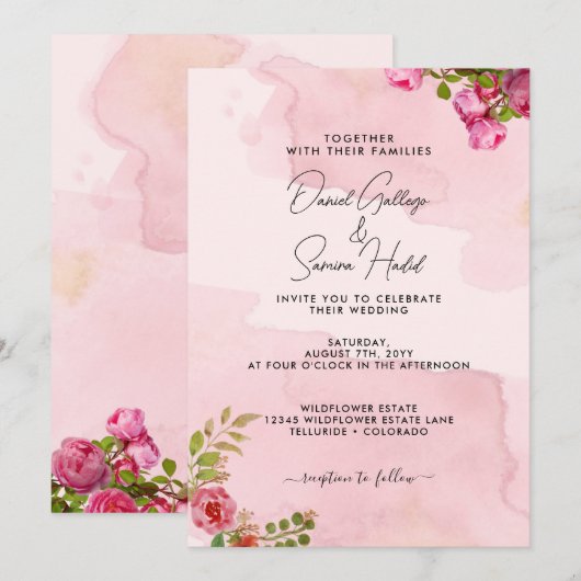 Elegante Roze Rozen Bruiloft Uitnodiging (Voorkant / Achterkant)