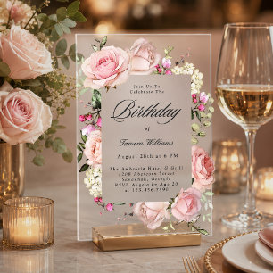 Elegante Roze Rozen Calligraphy Verjaardagsfeest Acryl Uitnodigingen