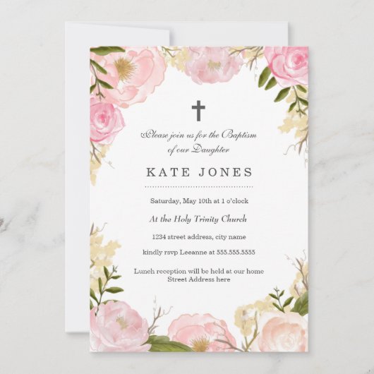 Elegante Roze Rozen Doop Uitnodiging (Voorkant)