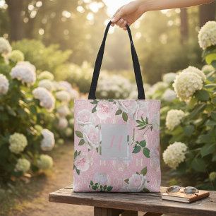 Elegante Roze Rozen en Goud Damast Monogram Tote Bag