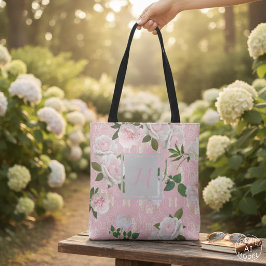 Elegante Roze Rozen en Goud Damast Monogram Tote Bag