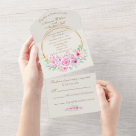 Elegante Roze Rozen en Gouden Geometrische Cirkel  All In One Uitnodiging