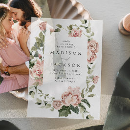 Elegante Roze Rozen en Groene Huwelijk Vellum Uitnodigingen