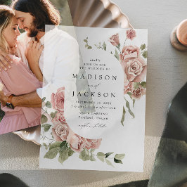 Elegante Roze Rozen en Groene Huwelijksdecoratie Vellum Uitnodigingen