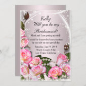 Elegante Roze Rozen En Parels Bruidsmeisje Kaart (Voorkant / Achterkant)