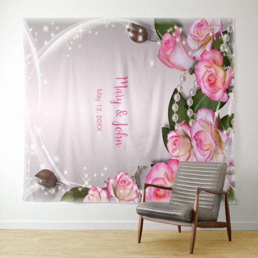 Elegante roze rozen en parels bruiloft achtergrond wandkleed (In Situ (horizontaal))