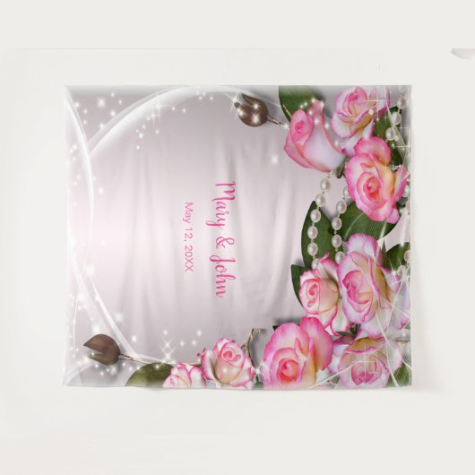 Elegante roze rozen en parels bruiloft achtergrond wandkleed (Voorkant (horizontaal))